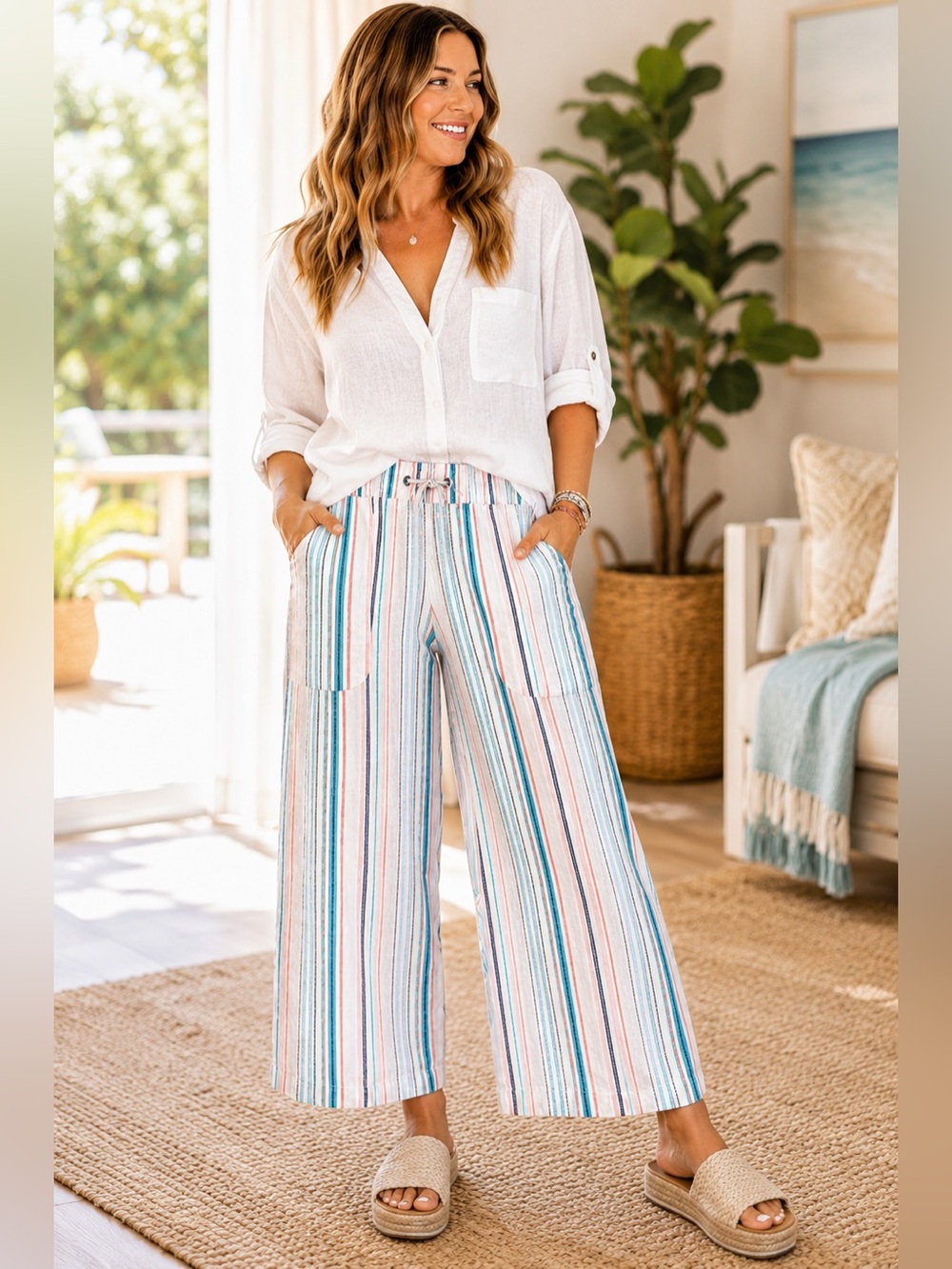 🌿 Naturals d&Co Linen Blend Striped Wide Leg Crop Pants XL Petite NWOT